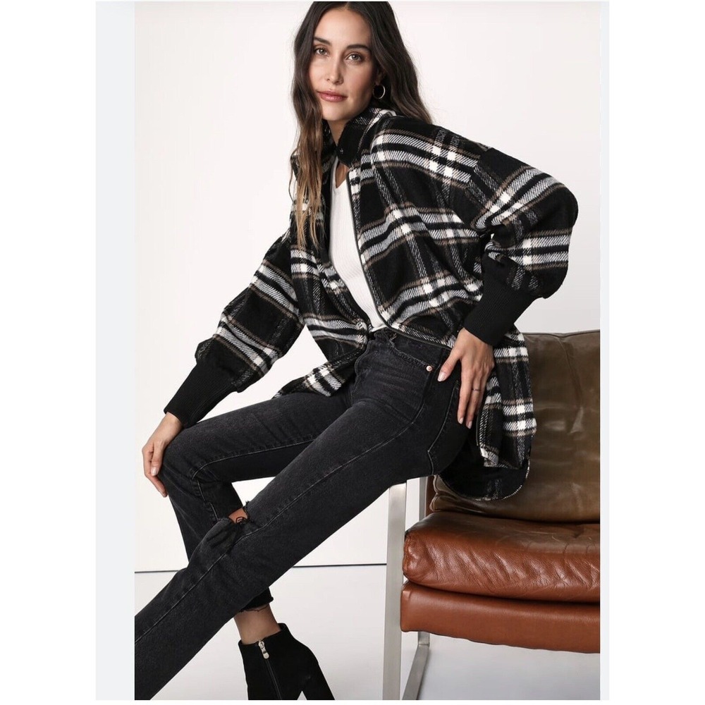 Steve Madden Oversized Comfy Black Plaid Coat NWT Size L - Picture 3 of 6